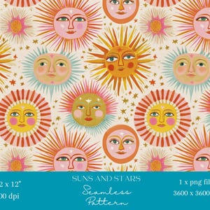 May include: A seamless pattern featuring stylized suns and stars in a repeating design. The suns have faces with various colors, including pink, yellow, and orange, with starburst rays. The background is off-white with small gold stars.
