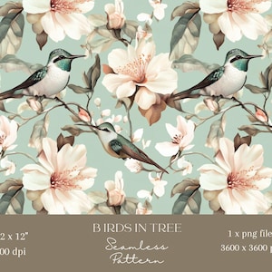 1x Uccelli in Sakura Tree Pattern Carta digitale Modello senza cuciture per tessuto Scrapbooking Sfondo digitale Sublimazione Motivo ripetuto