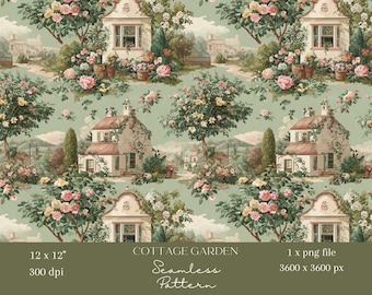 1 x Vintage Cottage Garden Seamless Digital Pattern Floral House Illustration for Wallpaper, Fabric, Wrapping Paper Scrapbooking Sublimation