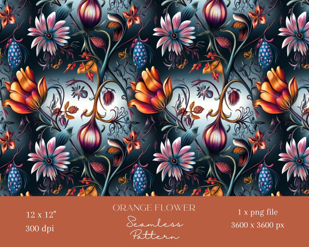 1x Fantasy Orange Flower Digital Paper Floral Fabric Seamless Pattern ...