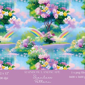 1x arbre rose fantaisiste et paysage arc-en-ciel motif sans couture papier numérique papier peint en tissu fond numérique motif répétitif Scrapbooking