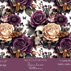 Könnte beinhalten: Nahtloses Muster mit Totenköpfen, Rosen und Motten in Lila, Creme und Braun. Das Design umfasst detaillierte Illustrationen von Blumen, Insekten und menschlichen Schädeln, die ein gotisches und florales Thema schaffen. Das Muster ist 30,48 x 30,48 cm bei 300 dpi.