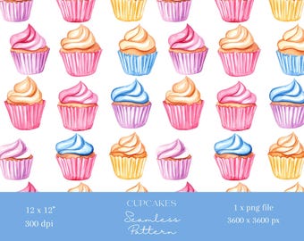 1x Cupcakes with frosting food Seamless Pattern Repeating File For Fabric Print Scrapbooking Digital Background Digital Paper Sublimation