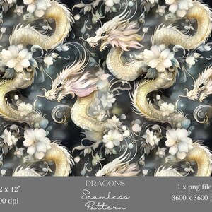 White Dragon Seamless Pattern, Fantasy Floral Digital Paper, Mythical Dragon Fabric Print, Elegant Asian Inspired Wallpaper