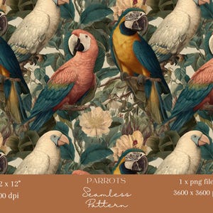 1x Vintage papegoja sömlöst mönster, tropisk fågel digitalt papper, exotisk botanisk upprepning kakeltyg sublimering