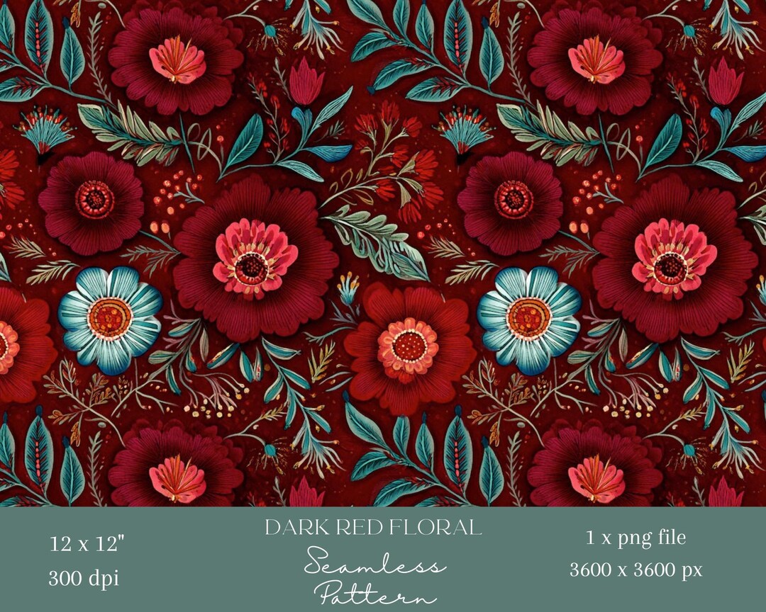 1x Dark Red Floral Seamless Digital Pattern Vintage Botanical Fabric ...