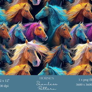 May include: A seamless pattern featuring multiple horse heads with flowing manes in vibrant colors like blue, orange, yellow, and purple. The design includes the text "HORSES Seamless Pattern" and image dimensions.