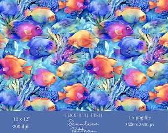 1x Tropical Fish Seamless Pattern Colourful Underwater Repeat File Ocean Coral Reef Fabric Coastal Wallpaper Marine Life Sublimation