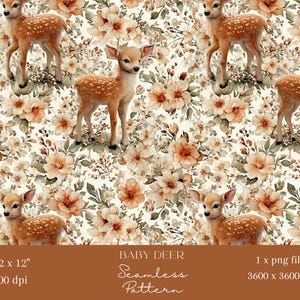 Könnte beinhalten: Nahtloses Muster mit Babyhirschen mit weißen Flecken, vor einem Hintergrund aus beige-orangen Blumen und grünen Blättern. Das Bild enthält den Text "BABY DEER Seamless Pattern" und die Abmessungen 12 x 12 Zoll und 300 dpi.