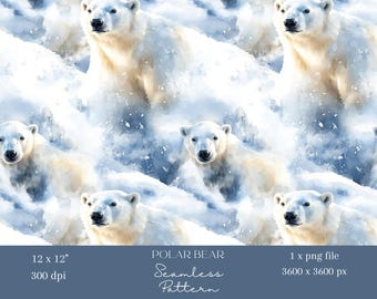 1 x Arctic Polar Bear Seamless Pattern Winter Digital Repeating File Wallpaper Blue White Fabric Animal Background Design Digital Background
