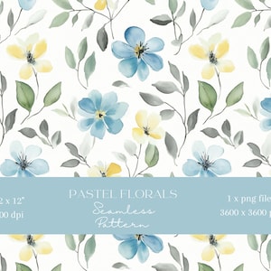 1x Blue yellow watercolour flowers Digital Paper Seamless Pattern Scrapbooking Paper Digital Background Sublimation Pattern Junk Journaling