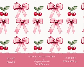1x Pink Bows and Cherries Valentine Seamless Pattern Repeating File Fabric Print Scrapbooking Digital Background Digital Paper Sublimation