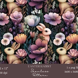 Może przedstawiać: Bezszwowy wzór z królikami wielkanocnymi i kwiatami w odcieniach różu, fioletu i brzoskwini na ciemnym tle. Projekt zawiera tekst „EASTER RABBIT Seamless Pattern”. Obraz ma wymiary 30,48 x 30,48 cm i 300 dpi.