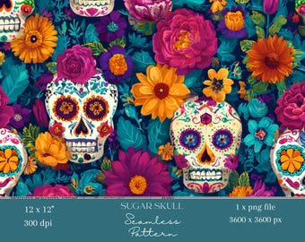 1x Day of the Dead Sugar Skull Seamless Pattern Floral Digital Paper Dia de los Muertos Wallpaper, Halloween Skull Print, Sublimation Design