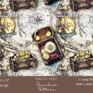 1x carte pirate sans couture papier numérique coffre au trésor nautique motif pièces d'or pour tissu, papier peint, scrapbooking, sublimation et travaux manuels