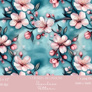 1x Kirschblüte Digitales nahtloses Muster Pink Sakura-Wiederholungsdatei Stoff Pink Teal und Blau Digitaler Hintergrund Sublimationsdesign