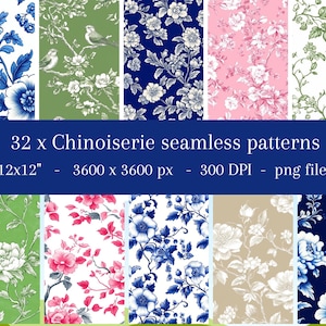 32 archivos PNG Patrones sin costuras Chinoiserie en varios estilos, imprimibles por sublimación de tela, paquete digital para scrapbooking Licencia comercial