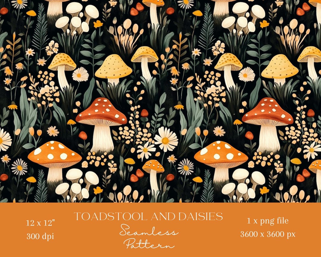 Toadstool Pattern Background 1x Toadstool and Daisies Digital Paper Fabric Seamless Pattern ...
