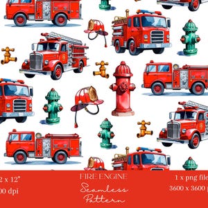 1x Fire Truck Seamless Digital Pattern on White Kids Boys Wallpaper, Fire Engine Fabric, Wrapping Paper Scrapbooking Sublimation Background