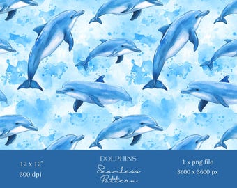 1x Blue Dolphin Sea Life Seamless Pattern Repeating File for Fabric Print Scrapbooking Digital Background Digital Paper Sublimation Journal