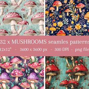 32 arquivos png MUSHROOMS padrões sem emendas em vários estilos, padrão cottagecore, pacote digital de itens para impressão de outono Licença comercial
