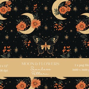 1x Mond Schmetterling und Blumen Digitales Papier Nahtloses Muster Scrapbooking-Papier Digitaler Hintergrund Sublimationsmuster Junk Journaling