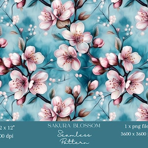 1x Acquerello Fiore di ciliegio Modello digitale senza soluzione di continuità Rosa Sakura File ripetuto Tessuto Rosa e Blu Sfondo digitale Design a sublimazione
