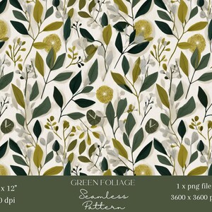 May include: A seamless pattern featuring green foliage on a cream background. The design includes various leaf shapes and textures in shades of green, olive, and gray, with accents of yellow-green floral elements. The pattern is 12 x 12 inches and 300 dpi.