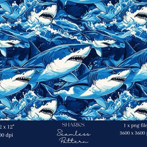 1x Seamless Shark Digital Pattern Blue Wallpaper Bold Ocean Animal Repeat Fabric File Background Pattern Scrapbooking Paper Sea Life
