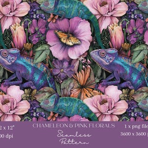 May include: Seamless pattern featuring chameleons and pink florals. The design includes purple and teal chameleons, butterflies, and various flowers in shades of pink, purple, and orange. The text at the bottom reads "CHAMELEON & PINK FLORALS" and "Seamless Pattern".