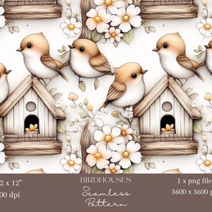 Op de afbeelding: Een naadloos patroon met bruine vogelhuisjes met witte versieringen, die op takken met witte bloemen zitten. De vogelhuisjes hebben kleine, ronde ramen en zijn omgeven door delicate groene bladeren en witte bloemen. Het patroon is perfect voor knutselprojecten, scrapbooking en decoratie.