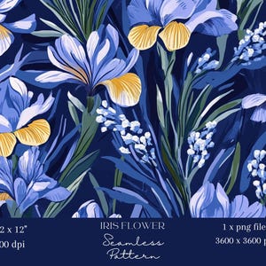 1x Blühende lila Iris Blume Nahtloses digitales Muster Stoff, Blumentapete, digitaler Hintergrund Sublimationsdesign Junk Journalling