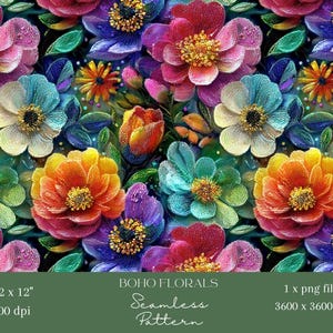 May include: A colourful seamless floral pattern with flowers in pink, blue, orange, and purple. The design includes detailed petals and textured elements, with the text "BOHO FLORALS Seamless Pattern". The image is 30.48 x 30.48 cm at 300 dpi.