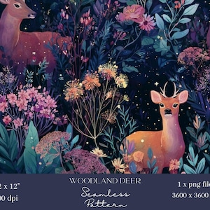 May include: A seamless pattern featuring deer in a woodland setting. The design includes deer, flowers, and foliage in shades of pink, orange, and teal against a dark background. The text "WOODLAND DEER Seamless Pattern" is included.