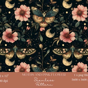 1x Papel digital sin costuras con patrón de polilla y luna mística, papel tapiz floral con insectos, fondo oscuro digital, patrón repetitivo de mariposas