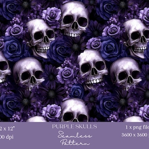 May include: A seamless pattern featuring white skulls and purple flowers, including roses and daisies. The design is set against a dark purple background. The image includes the text "PURPLE SKULLS" and "Seamless Pattern".