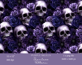 1x Purple Gothic Skull Seamless Pattern Floral Digital Paper Wallpaper Halloween Fabric Flower Wrapping Paper Digital Background Sublimation