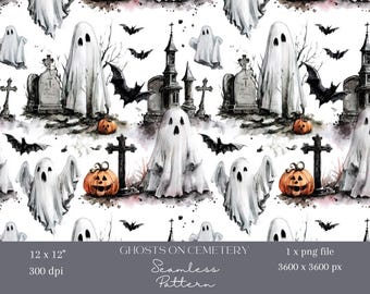 May include: A seamless pattern with watercolour illustrations of ghosts, bats, tombstones, and pumpkins on a white background. The design includes the text "Ghosts on Cemetery" and "Seamless Pattern". The image is 30.48 x 30.48 cm and 300 dpi.