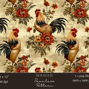 1 x Vintage Rooster Floral Seamless Pattern Farmhouse Animal Digital Paper for Wallpaper, Fabric, Scrapbooking, Chicken Sublimation Crafts