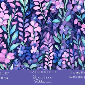 1 x Sfondo digitale con motivo floreale senza soluzione di continuità viola con campo di fiori di lavanda, stampa su tessuto ad acquerello, sfondo digitale
