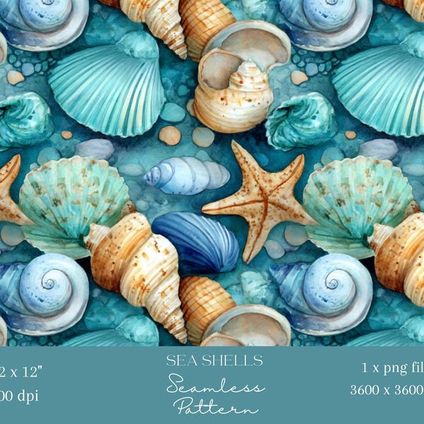 1x Watercolour Seashell Seamless Pattern, Coastal Ocean Shell Digital Paper, Beach Starfish Repeat Tile Nautical Fabric Sublimation