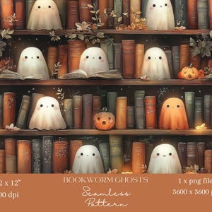 May include: A seamless pattern featuring a bookshelf filled with vintage books, pumpkins, and adorable ghost characters. The color palette includes warm tones of brown, orange, and green. The text on the image reads "BOOKWORM GHOSTS Seamless Pattern".