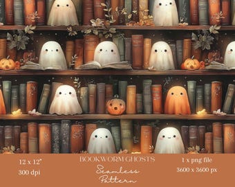 かわいいお化け図書館シームレスパターンハロウィンデジタルペーパー1枚（壁紙、本棚生地、スクラップブッキング、本好きのための昇華転写クラフト用）