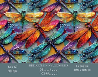 Könnte beinhalten: Nahtloses Muster mit farbenfrohen Libellen mit aufwendigen Details. Die Libellen haben Flügel in Orange-, Gelb-, Blau- und Lilatönen. Der Hintergrund ist ein strukturiertes, abstraktes Design. Der Text "BEDAZZLED DRAGONFLIES" und "Seamless Pattern" ist enthalten.