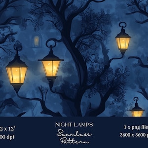 1x Nachtstraatlantaarns Digitaal papier Stof Naadloos patroon Scrapbookpapier Digitale achtergrond Sublimatie Junk Journaling Afdrukbaar