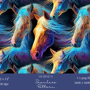 May include: Seamless pattern featuring multiple horse heads with flowing manes. The horses are depicted in vibrant colors, including blue, orange, and purple, against a dark background. The image includes the text "HORSES Seamless Pattern 12 x 12" 300 dpi 1 x png file 3600 x 3600 px".