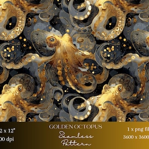 Puede incluir: Un patrón sin costuras con pulpos dorados sobre un fondo oscuro. Los pulpos tienen detalles intrincados y están sobre un fondo de formas grises oscuras y negras. Incluye el texto "GOLDEN OCTOPUS Seamless Pattern".