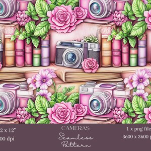 May include: A seamless pattern featuring pink roses, green leaves, and vintage cameras with books on a shelf. The pattern is 12 inches by 12 inches and 300 dpi. The file is 3600 pixels by 3600 pixels.