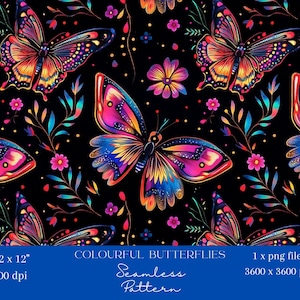1x motivo digitale senza soluzione di continuità con farfalle e fiori colorati, ispirato alla natura, stampabile per carta da parati in tessuto, carta da regalo, stampa a sublimazione