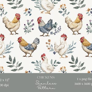 1x Chicken Birds Farm Animals Seamless Pattern Repeating File for Fabric Print Scrapbooking Digital Background Digital Paper Sublimation